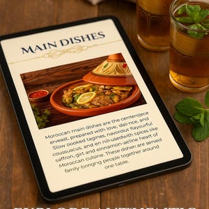 Puede incluir: Una tableta muestra un PDF digital titulado "Explore Authentic Recipes", con un plato principal marroquí. Dos vasos de té con ramitas de menta están en el fondo, sobre una superficie de madera.