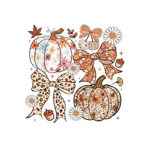 May include: A digital illustration featuring pumpkins and bows with floral and leopard print patterns. The pumpkins and bows are surrounded by daisies, acorns, and leaves in a fall color palette of orange, brown, and cream.