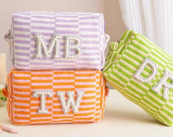 Personalized Checkered Makeup Bag,Custom Patch Makeup Bag,Monogram Makeup Bag,Bridesmaid Gifts,Travel Makeup Bag,Bachelorette Favors