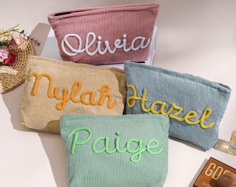 Personalized  3D Yarn Name Makeup Bag, Bridesmaid Gifts Pouch, Corduroy Toiletry Bag,Bridesmaid Gifts,Bachelorette Party Favors,Gift for Her