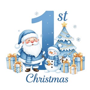 Watercolor Blue Santa Snowman Christmas Tree PNG | Baby Boy 1st Christmas Eve Sublimation | My First Xmas Pajama Winter Clipart Download