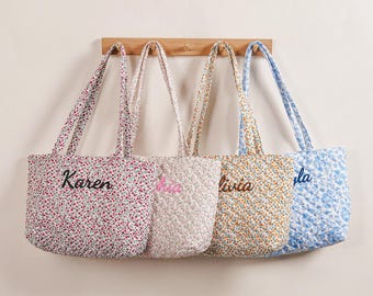 Personalized Flower Tote Bag,Custom Name Tote Bag,Embroidered  Tote Bag,Bridesmaid Tote Bag, Floral Bag,Shoulder Bag,Bridesmaid Gift for Her