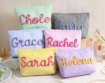 Personalized Cosmetic Bag, Seersucker Makeup Bag, Bridesmaid Gift Bag, Travel Makeup Pouch, Women Toiletry Bag, Beach Pouch, Gift for Her