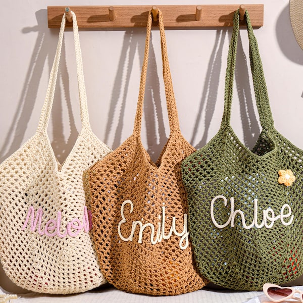 Personalized Knitted Beach Bag, Crochet Tote Bag for Women, Bridesmaid Gift Bags, Wedding favor, Bachelorette Party Gift, Gift for Her