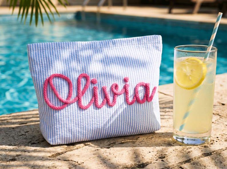 May include: A blue and white striped pouch with the name "Olivia" embroidered in pink. A glass of lemonade with a lemon slice and a striped straw sits next to the pouch, with a pool in the background.