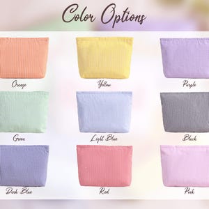 May include: Image showcasing a variety of cosmetic bags in different colors. The bags are rectangular with vertical stripes. Colors include orange, yellow, purple, green, light blue, black, dark blue, red, and pink. Text at the top reads "Color Options".