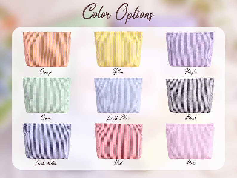 May include: Image showcasing a variety of cosmetic bags in different colors. The bags are rectangular with vertical stripes. Colors include orange, yellow, purple, green, light blue, black, dark blue, red, and pink. Text at the top reads "Color Options".