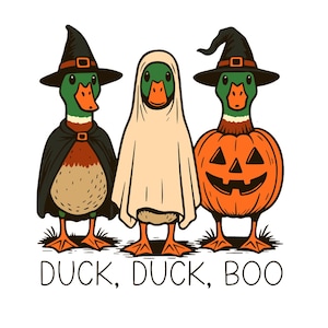 May include: A Halloween-themed illustration featuring three ducks. One duck is dressed as a witch, another as a ghost, and the third as a jack-o'-lantern. The text "DUCK, DUCK, BOO" is at the bottom. The ducks are on a white background.
