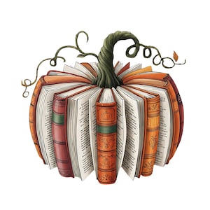 May include: An illustration of a pumpkin formed from open books. The pumpkin is orange with a green stem and vine. The books have various colours and designs on their spines, with visible text on the pages.