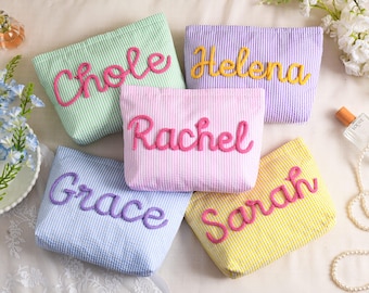 Personalized Seersucker Cosmetic Bag, Makeup Bag, Bridesmaid Gift Bag, Travel Makeup Pouch, Toiletry Bag, Beach Pouch, Gift for Her