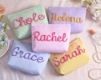 Personalized Cosmetic Bag, Seersucker Makeup Bag, Bridesmaid Gift Bag, Travel Makeup Pouch, Women Toiletry Bag, Beach Pouch, Gift for Her