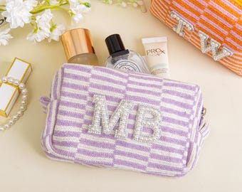 Personalized Monogram Makeup Bag,Checkered Makeup Bag,Custom Patch Makeup Bag,Bridesmaid Gifts,Travel Makeup Bag,Bachelorette Favors