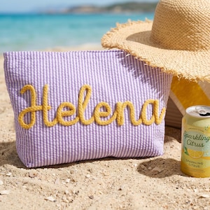 Personalized Seersucker Cosmetic Bag, Makeup Bag, Bridesmaid Gift Bag, Travel Makeup Pouch, Toiletry Bag, Beach Pouch, Gift for Her