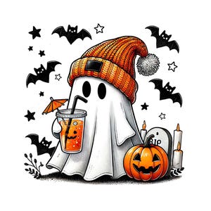 May include: A cartoon ghost wearing an orange knit cap and holding a cocktail with an orange umbrella. Black bats, stars, a jack-o'-lantern, candles, and a tombstone complete the Halloween-themed illustration.