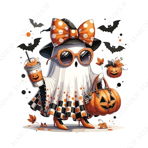 May include: A cartoon ghost dressed for Halloween, wearing sunglasses, a polka-dot bow, and high heels. The ghost carries a pumpkin-shaped bag and a pumpkin spice latte. Black bats and orange accents complete the festive look.