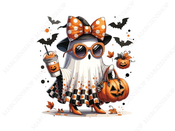 Cute Ghost Pumpkin Halloween Png,Funny Ghost Pumpkin Halloween Png,Spooky Season,Fall Png,Very Cute Girl Ghost Pumpkin Png, Bougie Ghost