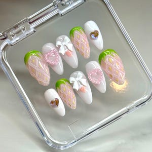 Pink Strawberry Press On Nail | Cottage Core Nails| Cutesy Nail Design|