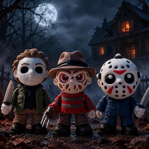 May include: Three stylized vinyl figures standing side by side. The left figure wears a green jacket and holds a knife. The center figure wears a brown fedora and a red and black striped sweater with clawed gloves. The right figure wears a hockey mask.