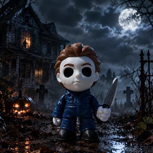 May include: A stylized vinyl figure of a character with a white mask, brown hair, and a dark blue jumpsuit, holding a silver-colored knife in one hand. The figure has large black eyes and stands in a dark, outdoor setting with a full moon above.