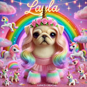 Custom Name Unicorn Pug Microfiber Plush Blanket • Pastel Rainbow Kawaii Dog Throw • Luna’s CreAItions Style