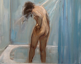 Woman in Blue Shower-Original Artwork-Giclee-Archival Reproduction Print-Nude-Fine Art Nude-Bath-Impressionism-Figure Study-Angela Ooghe