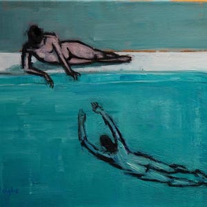 Mid Century-Archival Print-Giclee--Pool Painting-Swimmer-Nude-Absteact-Figurative-Figure Study-Fine Art Nude-Angela Ooghe