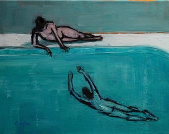 Mid Century-Archival Print-Giclee--Pool Painting-Swimmer-Nude-Absteact-Figurative-Figure Study-Fine Art Nude-Angela Ooghe