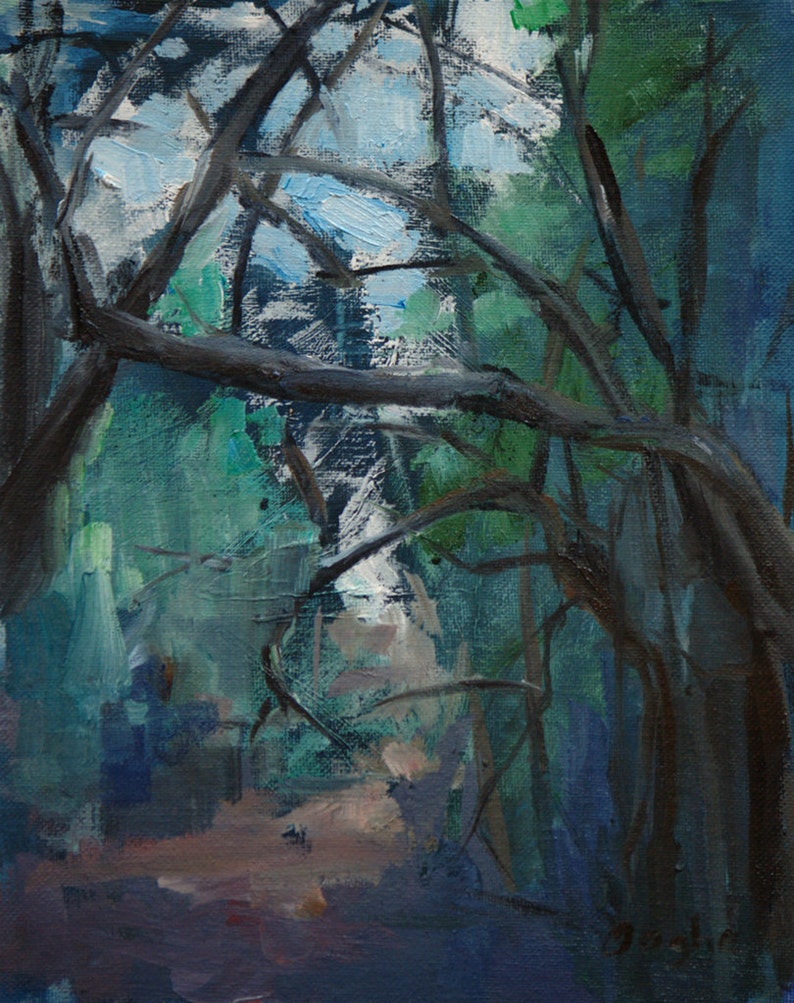 May include: A painting of a forest scene with dark branches and green foliage. The painting has a blue and green color scheme and a textured brushstroke style.