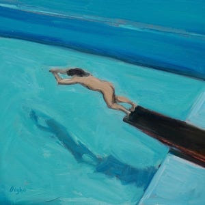 Original Artwork-Giclee-Archival Print-Pool Painting-Nude-Blue-Diver-Swimmer-Pool Painting-8x10 or 11x14-Angela Ooghe-Water-Impressionism