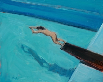 Original Artwork-Giclee-Archival Print-Pool Painting-Nude-Blue-Diver-Swimmer-Pool Painting-8x10 or 11x14-Angela Ooghe-Water-Impressionism
