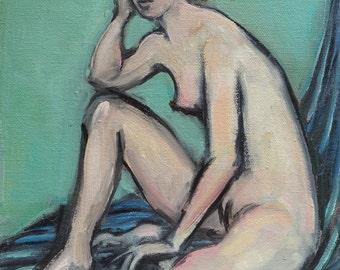Original Oil Painting-Nude Female-Figure Study-Angela Ooghe-Striped Blanket-Seated Nude-Figure Drawing-Fine Art Nude-8x10-Art-Oil