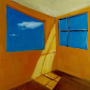 以下が含まれることがあります： 2 つの窓のある部屋を描いた絵画。窓の 1 つは、白い雲のある青い空を見せています。部屋は黄色とオレンジの色合いで塗られており、窓から光線が差し込んでいます。床は濃い茶色の木です。