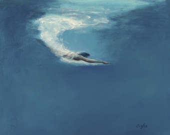 Open Water Dive-Giclee-Archival Print-Pool Painting-Nude-Swimmer-Ocean-8x10,11x14,16x20,20x24-Angela Ooghe-Impressionism-Angela Ooghe