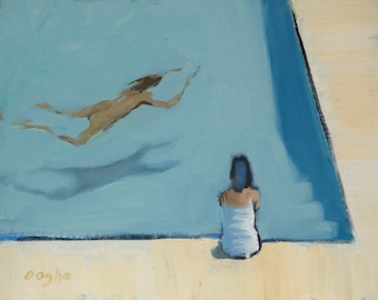 Watcher Beside the Pool -Giclee-Fine Art Print-Archival-Pool Painting-Swimmer-Expressive-Original Painting-Original Art-Angela Ooghe