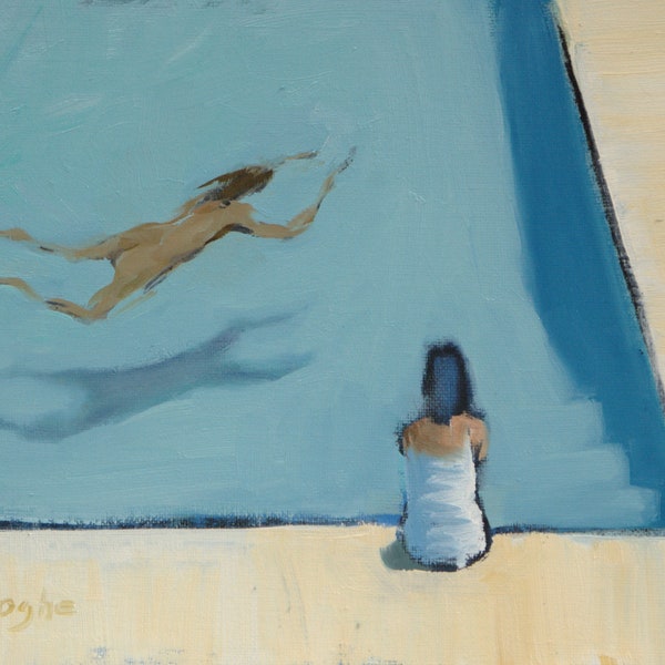 Watcher Beside the Pool -Giclee-Fine Art Print-Archival-Pool Painting-Swimmer-Expressive-Original Painting-Original Art-Angela Ooghe