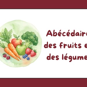 Peut inclure: Une carte rectangulaire à bordure rouge foncé présentant une illustration aquarelle de carottes, pommes, brocolis, fraises et myrtilles sur un cercle vert clair. Le texte indique Abécédaire des fruits et des légumes.