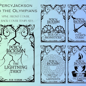 Könnte beinhalten: Schwarz-Weiß-Vorlagen für Percy Jackson und die Olympier Buchcover. Die Vorlagen umfassen die Designs für Buchrücken, Vorder- und Rückseite der Serie, einschließlich "The Lightning Thief" und "The Sea of Monsters".