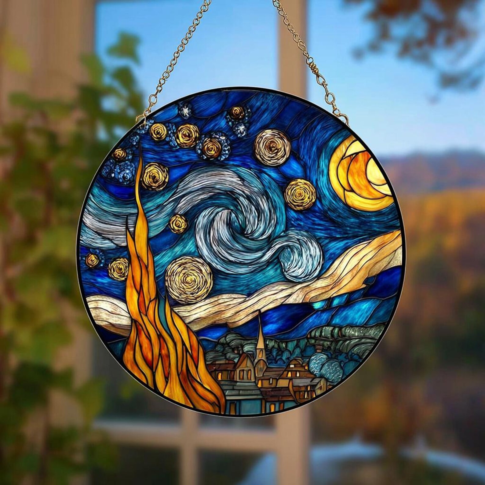 Starry Night Stained Glass Suncatcher, Van Gogh Inspired Window Art ...