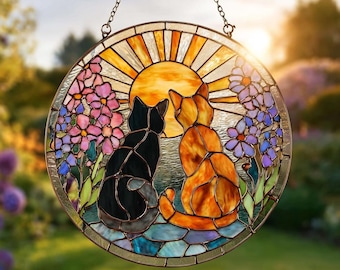 Cat Suncatcher Stained Glass: Sunset & Flowers Window Hanging, Cat Lovers Gift