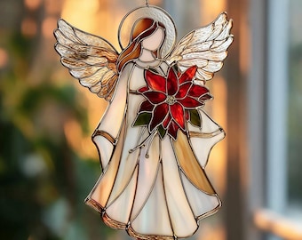 Atrapasueños de acrílico teñido con forma de ángel navideño, flor de Pascua para colgar en la ventana, regalo de decoración navideña para el hogar.