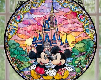 Witrażowy łapacz słońca z Myszką Miki i Minnie, prezent na rocznicę dla męża i żony, dekoracja dla pary Disneya