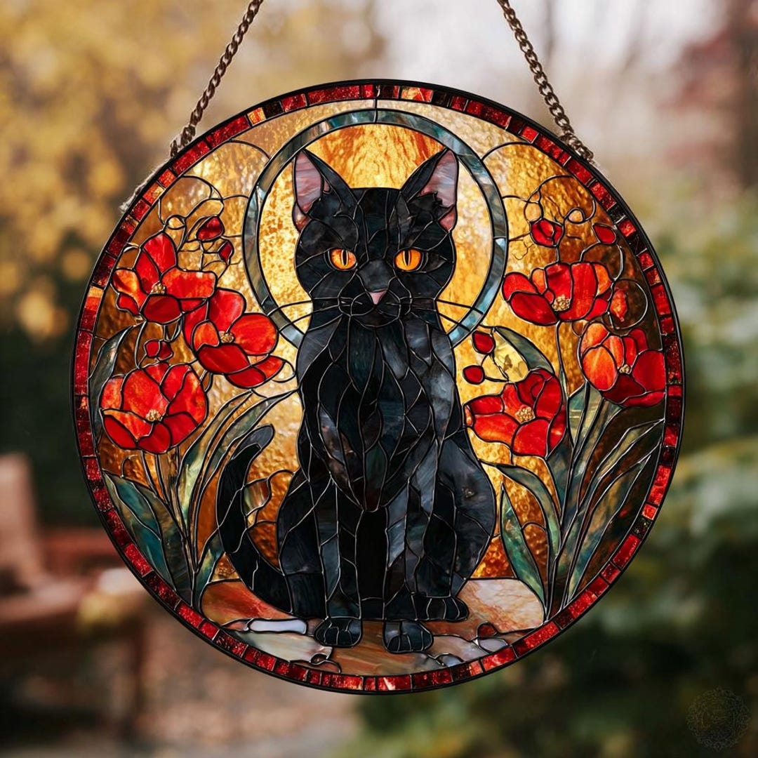 Black Cat Stained Glass Suncatcher, Red Poppy Flower Window Art, Mystic ...