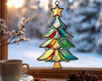 カラフルなクリスマスツリーのステンドグラス窓パネル - 楽しい