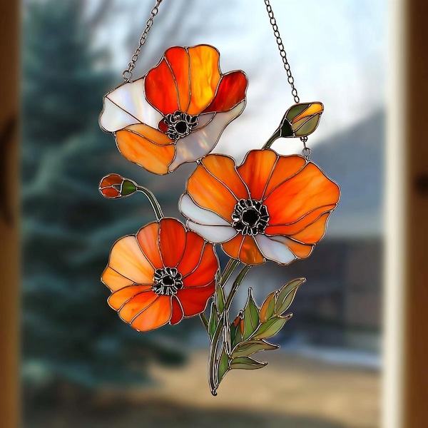 Poppy Flowers Acrylic Suncatcher, Botanical Window Hanging, Unique Home Decor