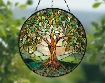 Acchiappasole in vetro colorato con albero della vita, da appendere alla finestra, acchiappasole in vetro, decorazione per la casa