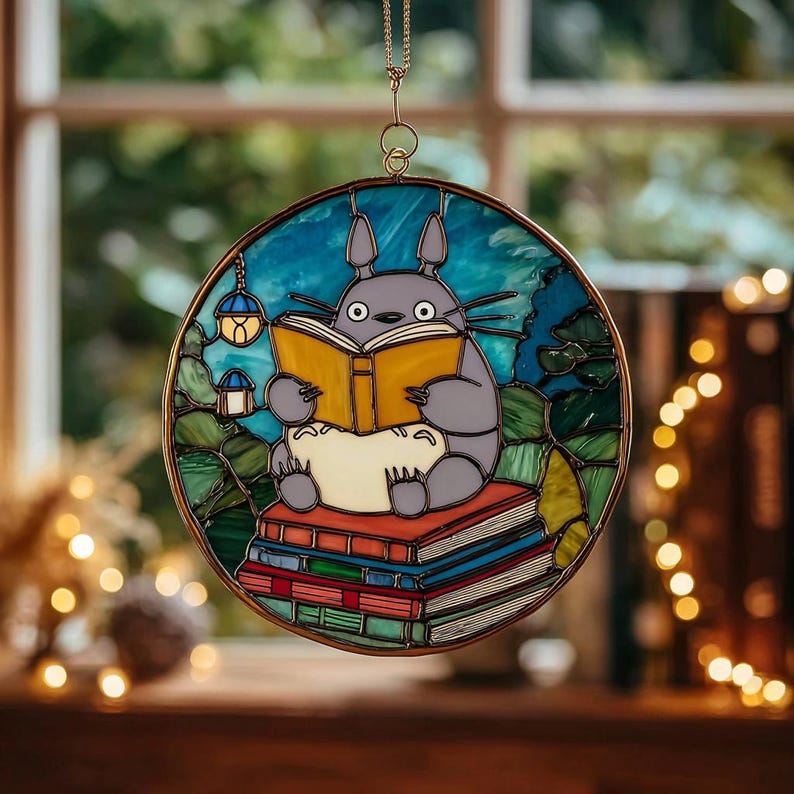 Puede incluir: Panel de vidriera redondo con un personaje de dibujos animados gris leyendo un libro, sentado sobre una pila de libros. El panel tiene un fondo azul y verde y est&aacute; suspendido por una cadena dorada. Elementos decorativos: linterna y follaje.