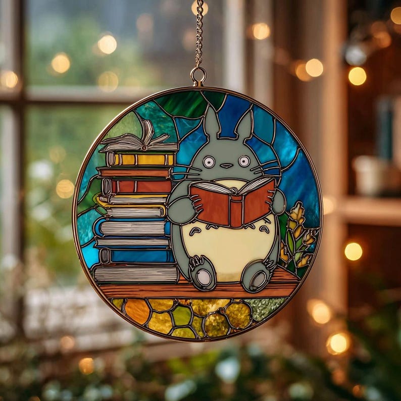 Puede incluir: Ventana redonda de vidrieras con un personaje de dibujos animados leyendo un libro. El personaje es gris con una barriga color crema, sentado en un estante de madera con una pila de libros. El fondo es una mezcla de vidrio azul, verde y amarillo.