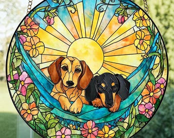 Couple Dachshund Glass Suncatcher Dachshund Mom Window Hanging Sausage Dog Decor Gift