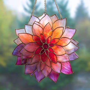May include: A stained glass flower suncatcher with a layered petal design. The petals transition from deep purple to pink, orange, and white, with a red center. The flower is suspended by a gold chain, creating a decorative piece.