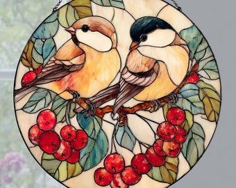 Chickadee Glass Suncatcher Ornament, Bird Window Hanging, Christmas Gift for Bird Lovers